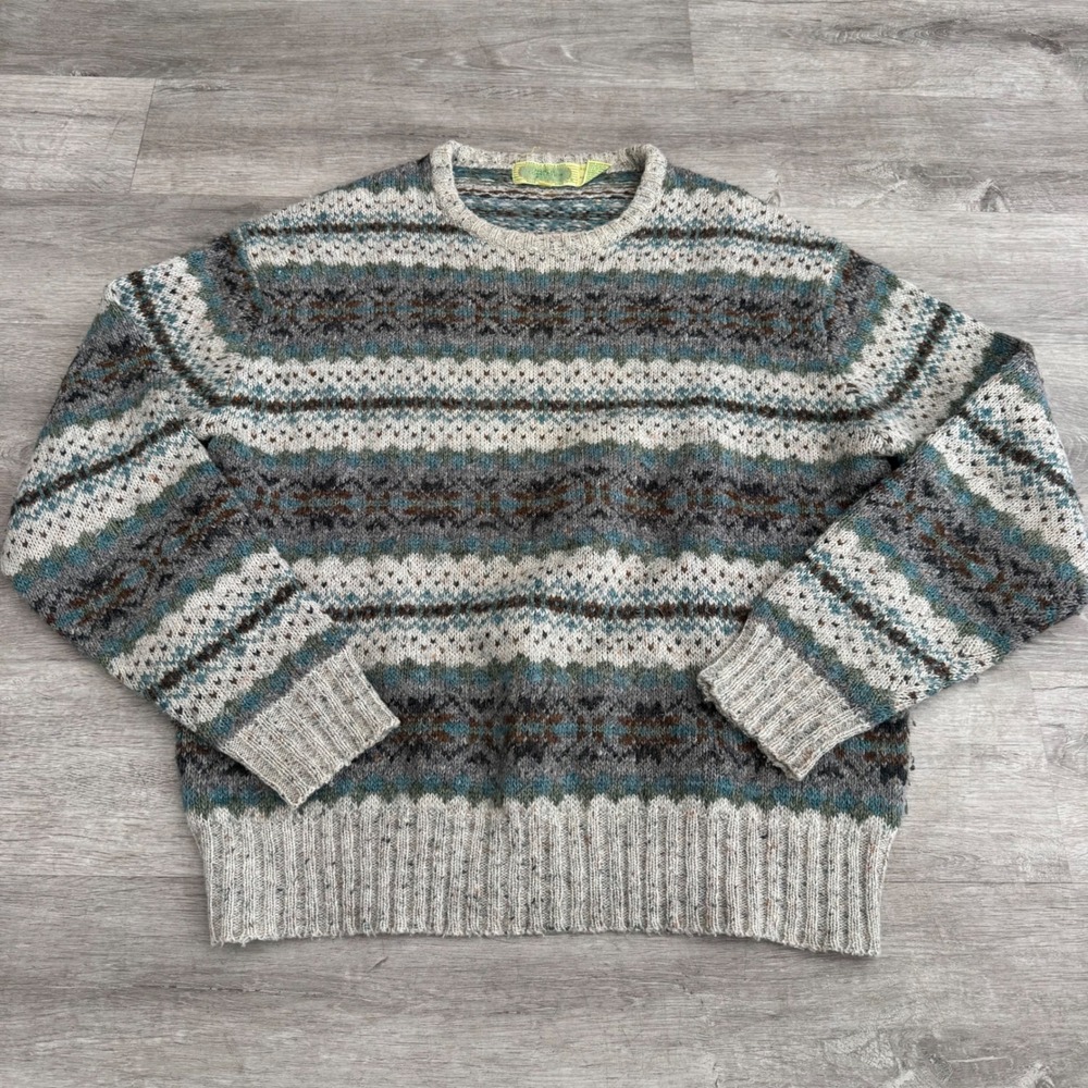 Vintage French Connection Mens Fair Isle Wool Blend Sweater Large Grey Blue
